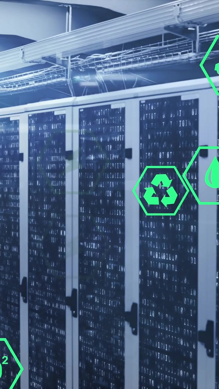Animation of multiple icons and lens flares over binary codes on data server racks