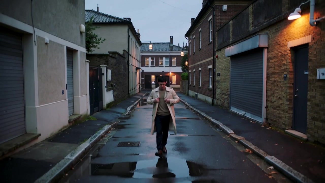 Gående voksen mand i en beige trenchcoat forlader en fjern våd gydeindgang, træder uden om vandpytter.