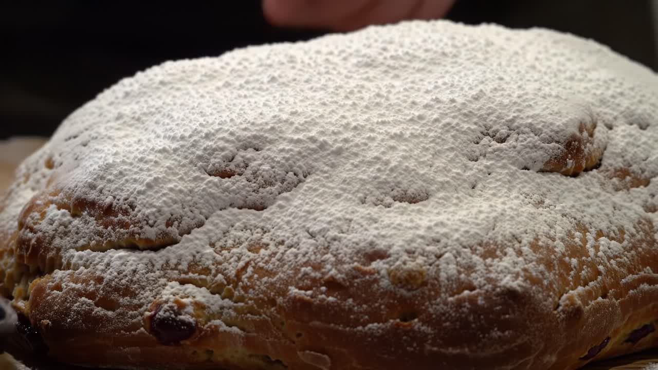 Deliciously Crafted Pastry: A Close-Up View of a Freshly Baked Sweet Bread Topped Generously with Powdered Sugar, Ready to Delight Any Dessert Lover