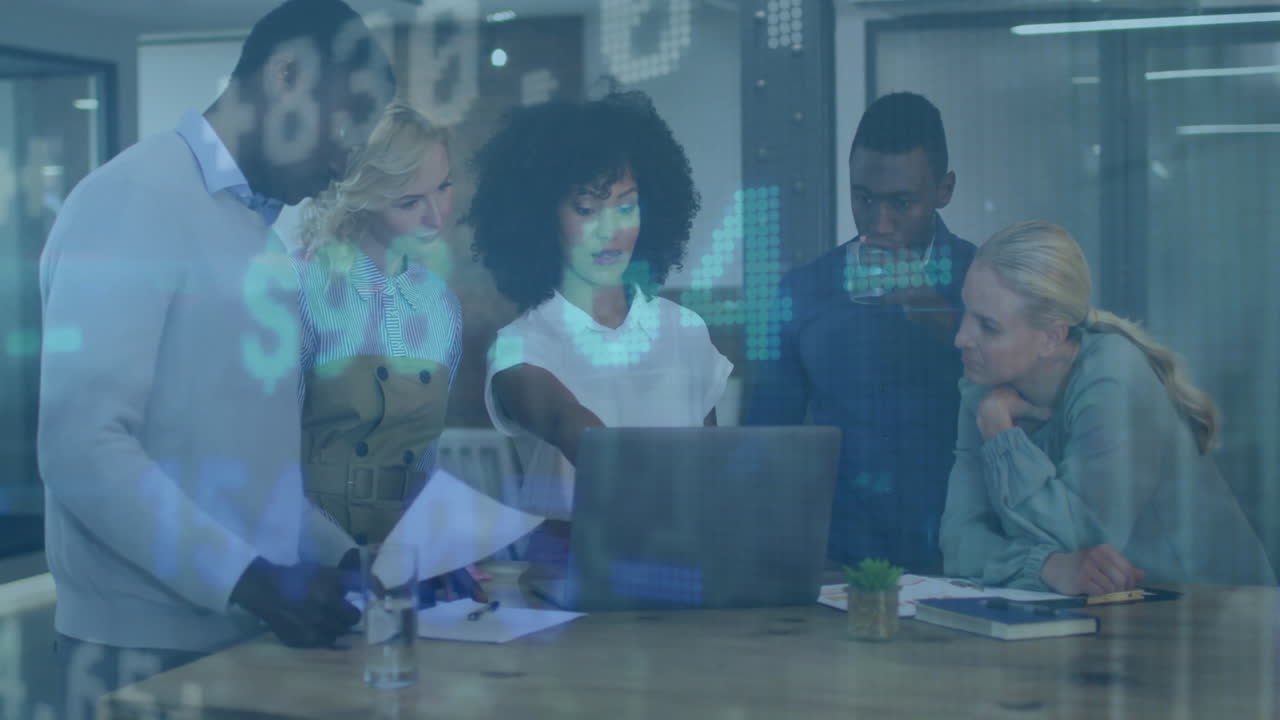 Animation of financial data processing over diverse business people in office
