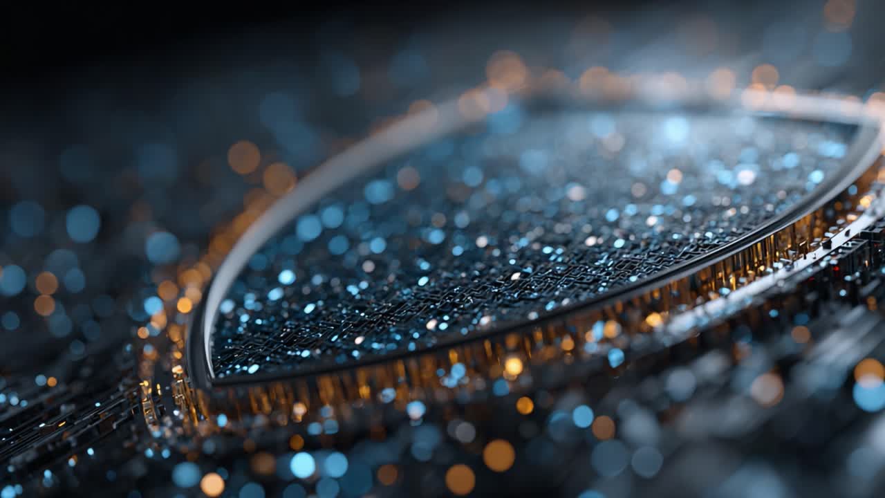 Una straordinaria immagine di particelle scintillanti: elementi metallici ipnotici creano un paesaggio astratto di luce e colore, catturando l'essenza dell'eleganza digitale