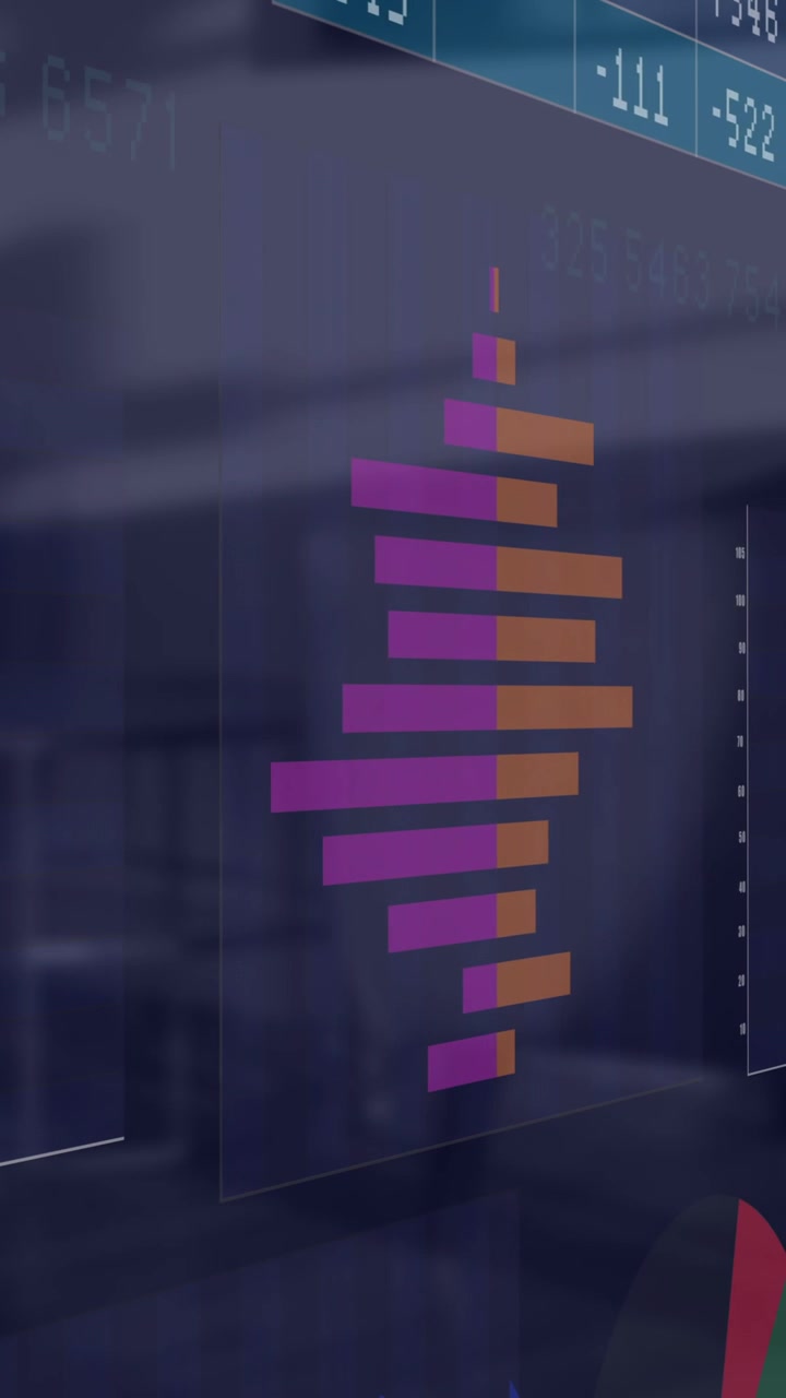 Animación de estadísticas y procesamiento de datos financieros sobre una oficina
