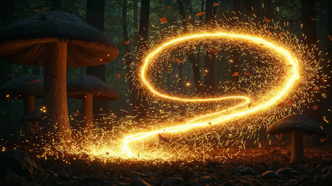 A whimsical journey through an enchanted forest where glowing trails of light dance around mystical mushrooms, inviting exploration and wonder