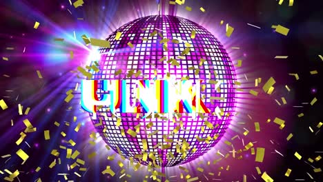 Animation-of-funk-text-over-confetti-and-disco-ball-on-black-background