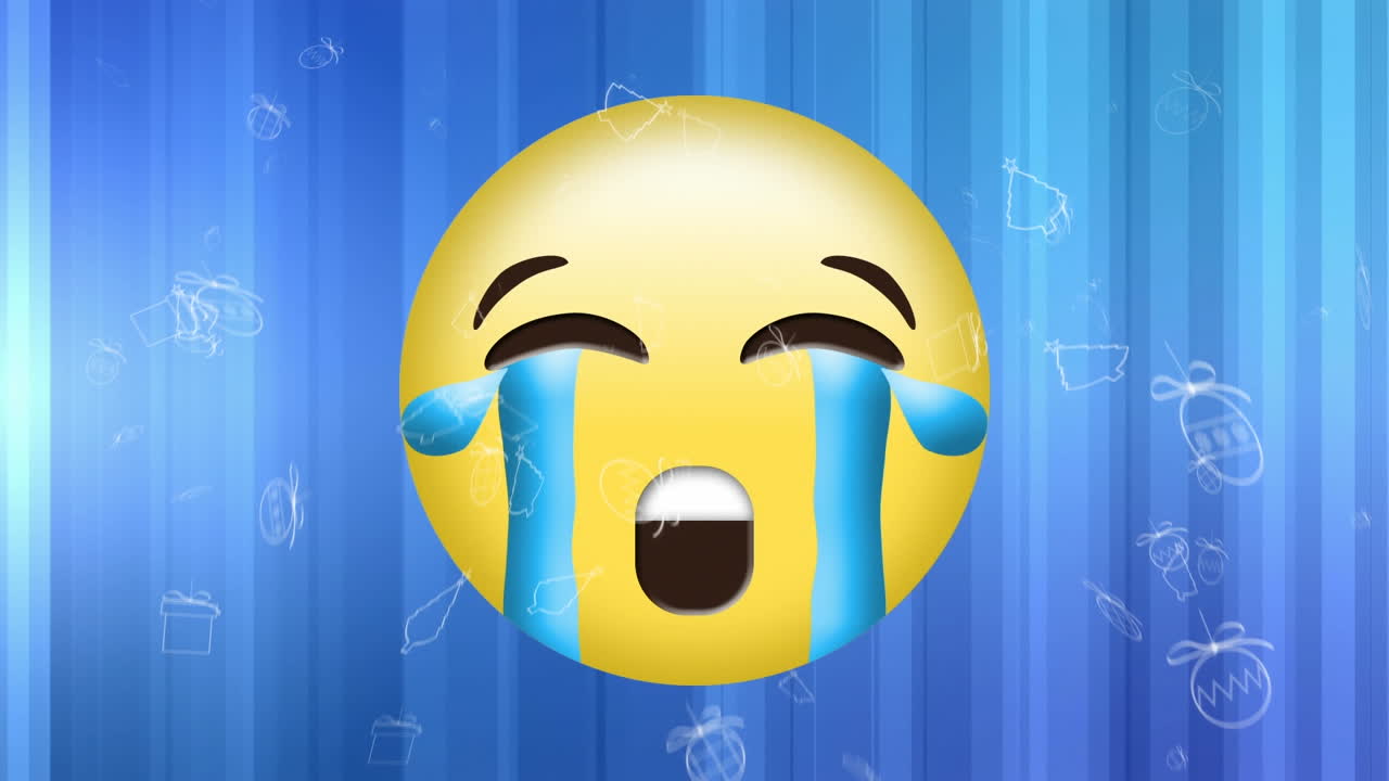 animación del icono de emoji triste sobre los iconos de navidad en movimiento sobre un fondo azul