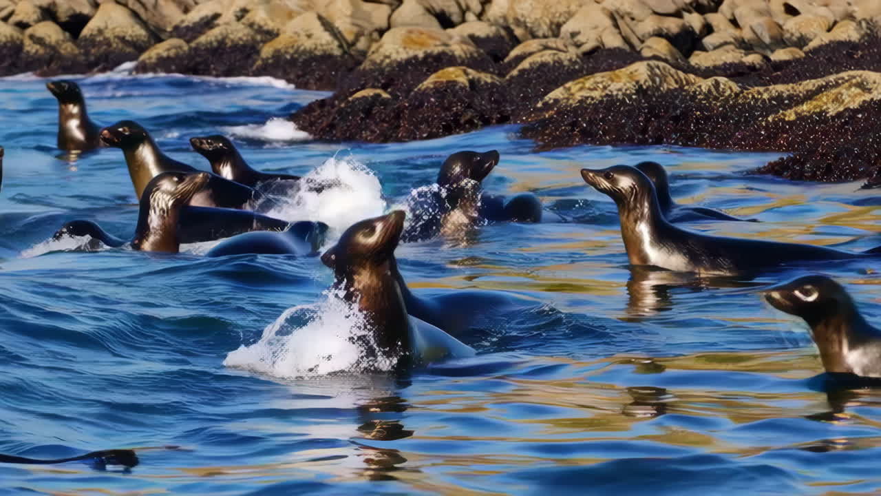Seals on the Rocky Shore and in the Water