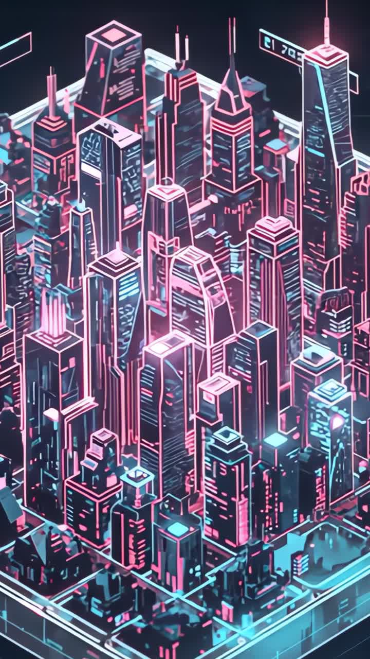 Vertical video: Holding camera launching neon city rotating towers over grid, with pulsing lights