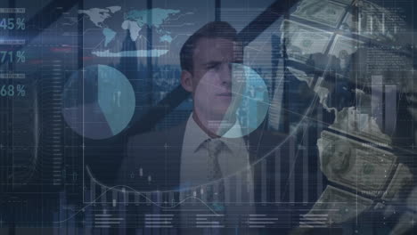 animation of globe of dollars rotating over businessman using interface with data processing