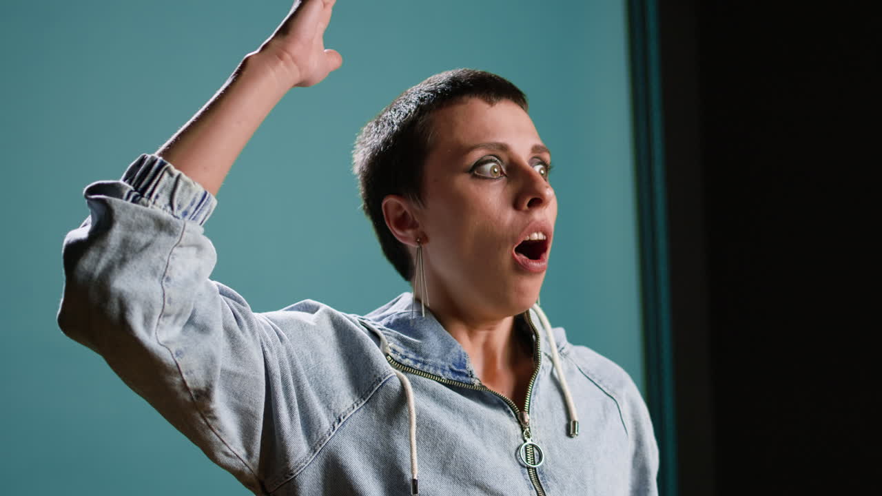 Woman with Short Hair in Denim Jacket
