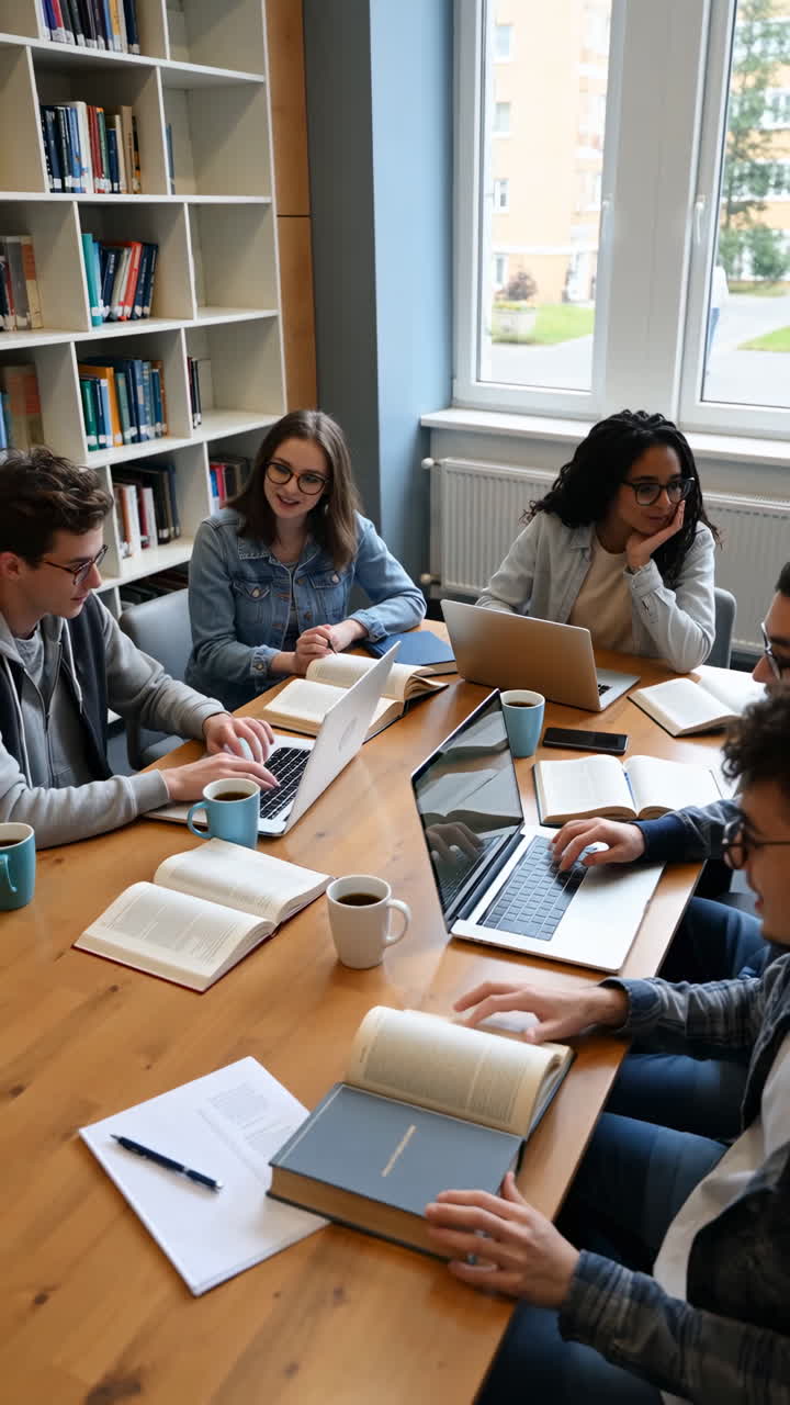 Students Studying and Collaborating in a Library