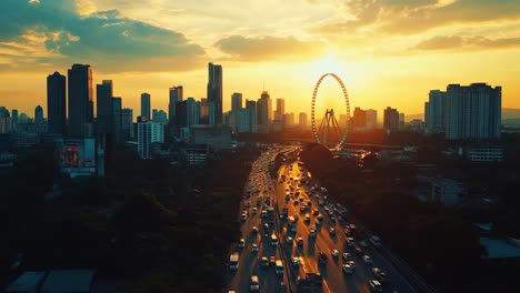 city sunset with ferris wheel