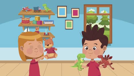 little kids couple playing with teddy and dinosaurs
