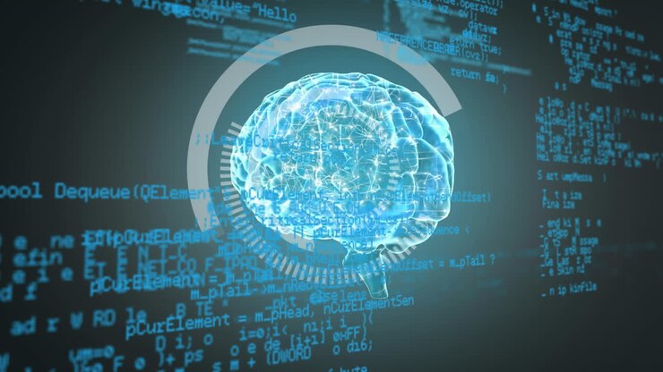 Animation of spinning human brain over round scanner against data processing on black background