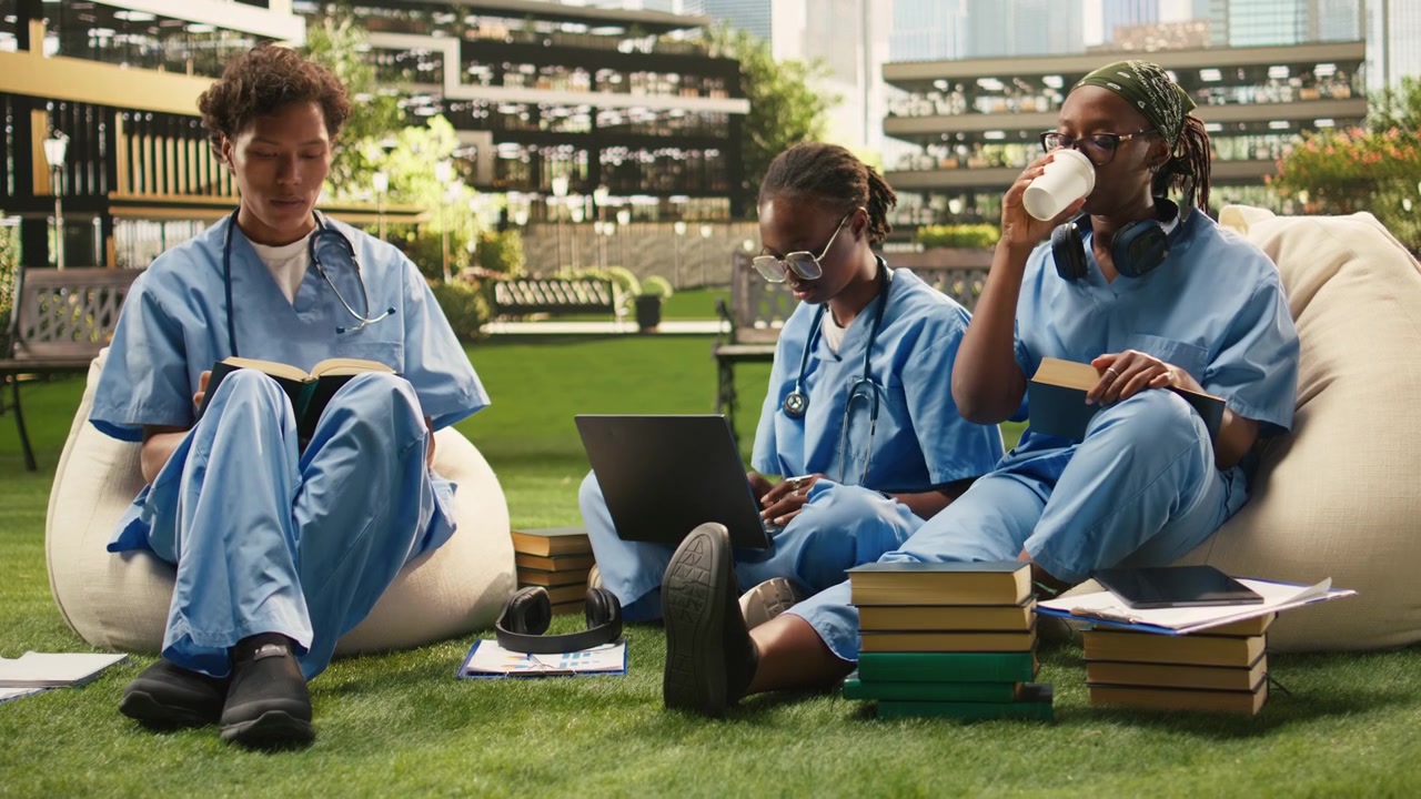 Medical school peers in scrubs review laptop notes together on campus