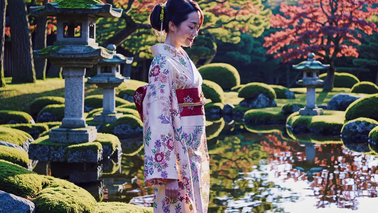 A serene video still of a woman in a floral kimono, captured in profile at eye level, amidst