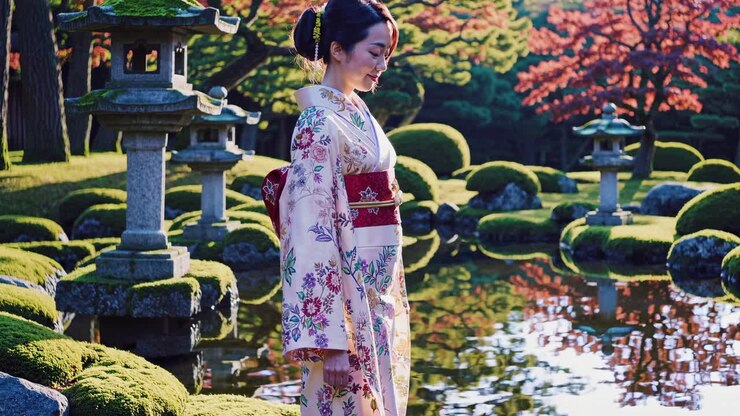 Un fotogramma video sereno di una donna con un kimono a fiori, catturata di profilo all'altezza degli occhi, immersa in