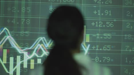 woman visiting immersive art exhibition with projection of financial data with graphs and share prices 5