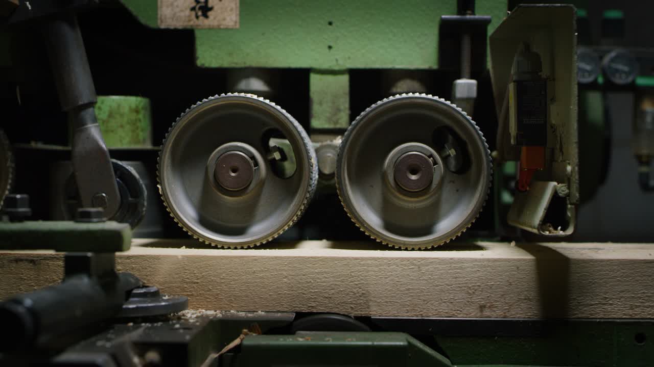 목재 공장이나 도자기 공장에서 목재를 가공하는 산업용 플라너의 근접 사진.