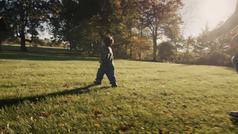 mom have fun with her baby - run around the picturesque lawn at sunset