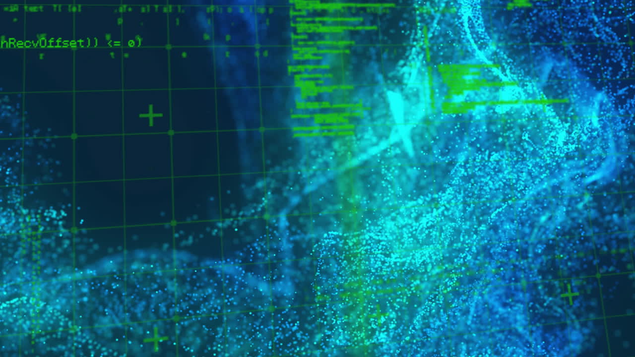 Animation of shapes with light spots over data processing on black background