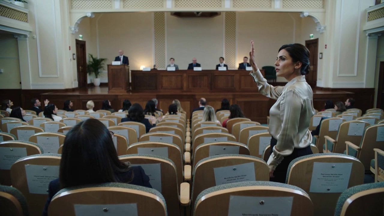 Turning woman in light blouse rising walking to dais raising hand to alert panel, copy space