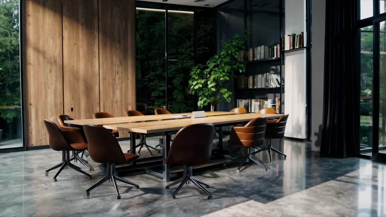 Video di un ufficio moderno che mostra un'elegante sala conferenze con tavolo in legno e sedie in pelle