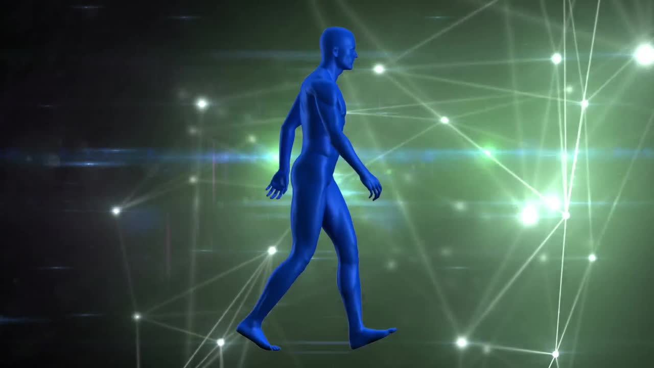 animación de una figura humana azul caminando sobre una red brillante de conexiones, moviéndose en negro