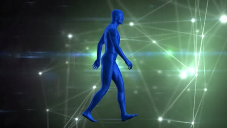 animation of walking blue human figure over glowing network of connections, moving on black