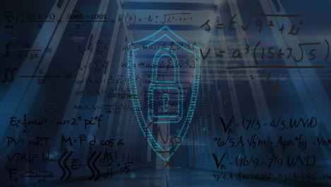 animación del icono de candado de seguridad, ecuaciones matemáticas y punto de luz azul contra la sala del servidor