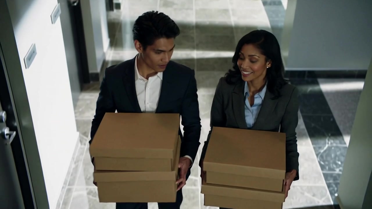 Leaving teal door labeled ANF, two in suits walking office corridor carrying 3 boxes, moving goods