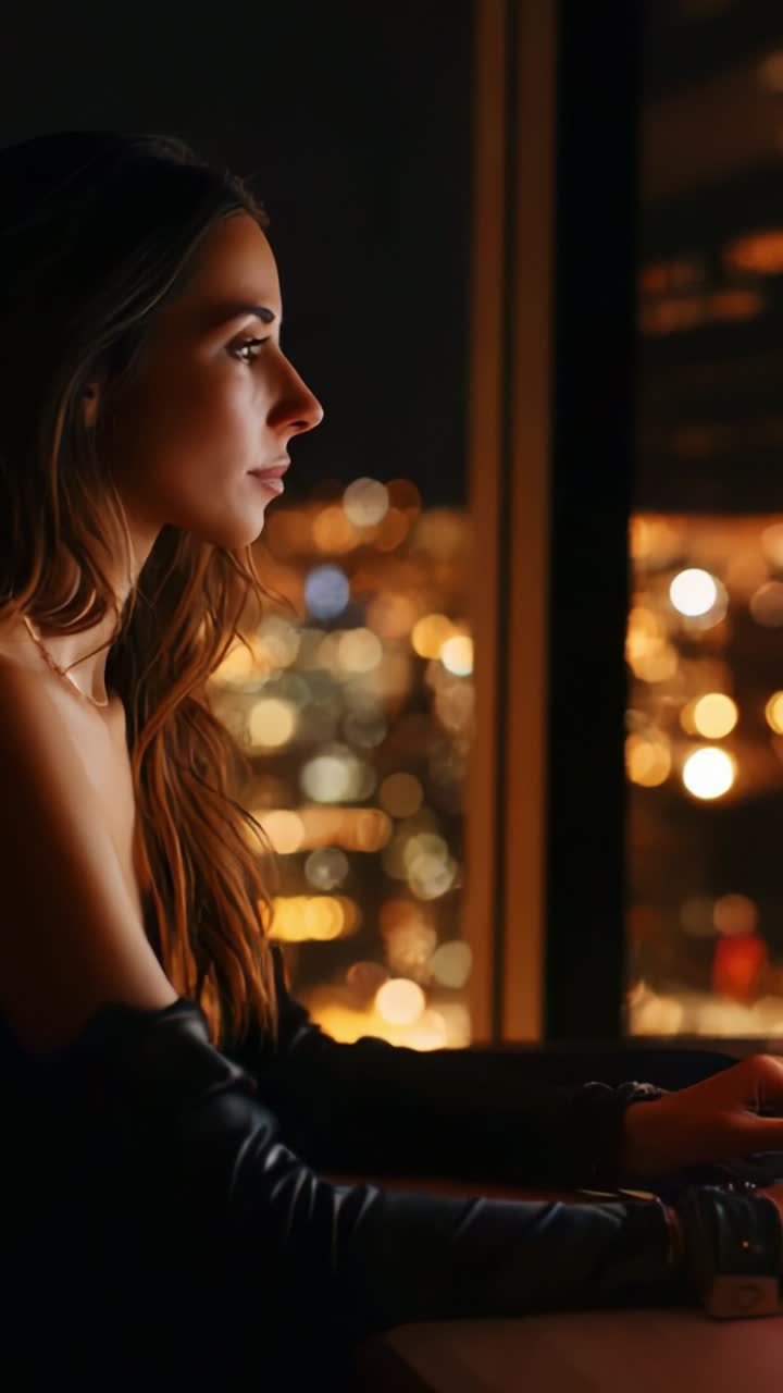 Contemplative Woman Gazing Out a Window at City Lights, A Beautiful ...