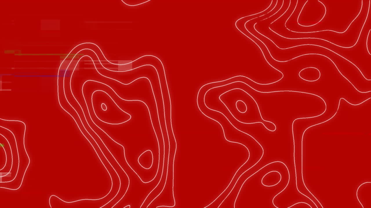 레드 배경에 글리치가 있는 지형적인 선으로 화면에 있는 디지털 인터페이스의 애니메이션