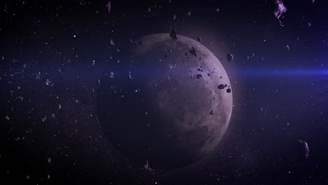 luna en el espacio profundo con asteroides