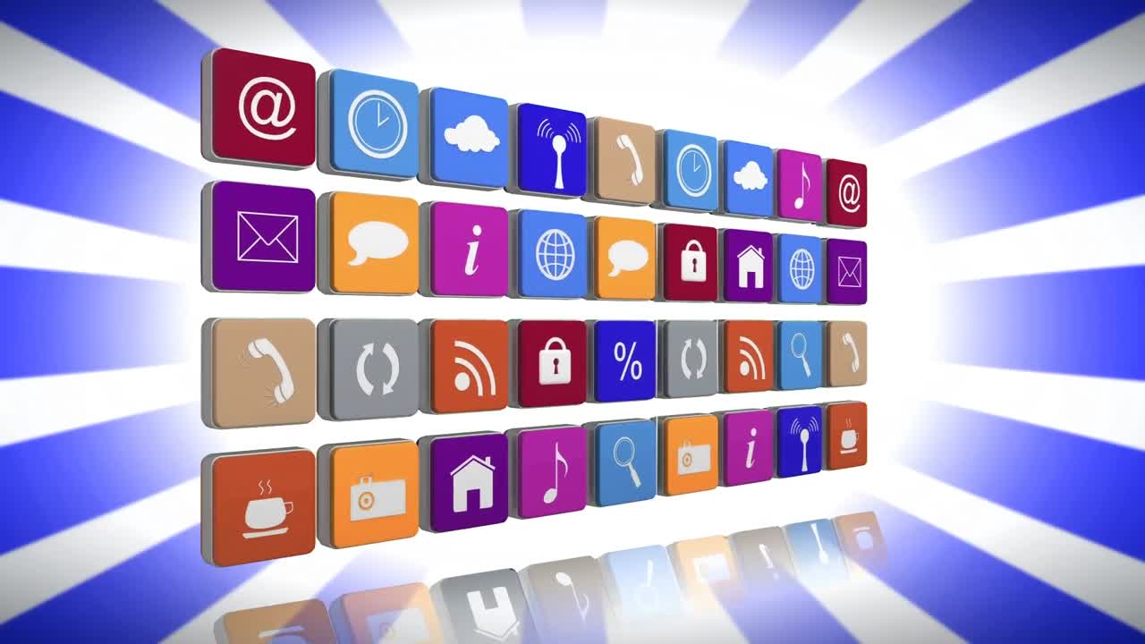 animación de filas de iconos digitales sobre rayas azules en el fondo