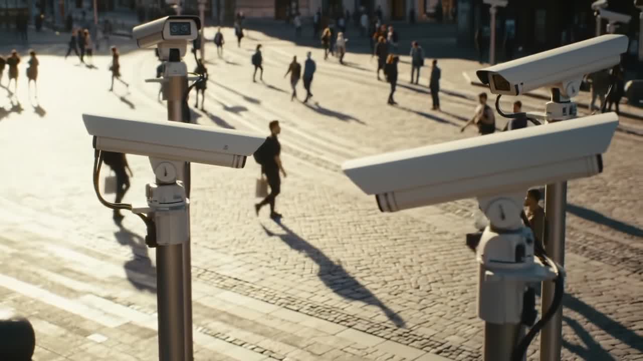 Surveillance Cameras Overlooking a Busy Urban Square, Capturing Diverse Activities and Passersby on a Sunny Day with Long Shadows and Visual Dynamics