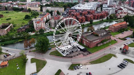 aerial view of ferris wheel and cityscape in bydgoszcz, poland