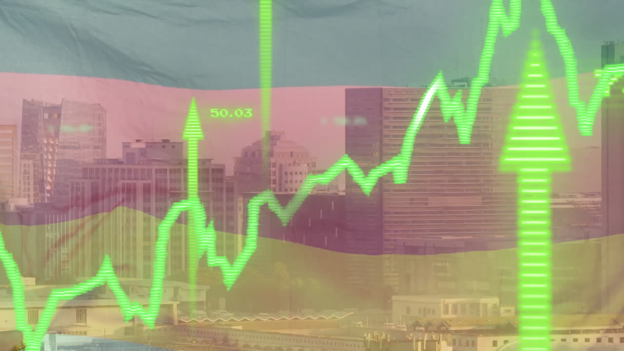 Animace zeleného finančního grafu nad panoramatem města s budovami a pozadím vlajky