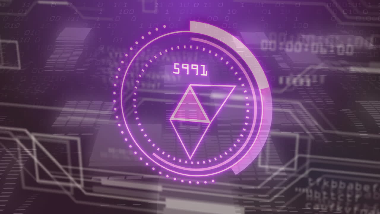 Processing digital data with futuristic interface and purple geometric shapes animation