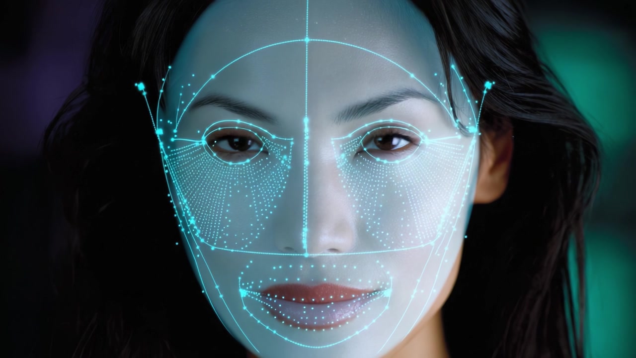 A mesmerizing close-up portrait of a woman with captivating features, showcasing a futuristic digital overlay on her face, emphasizing technology and beauty.