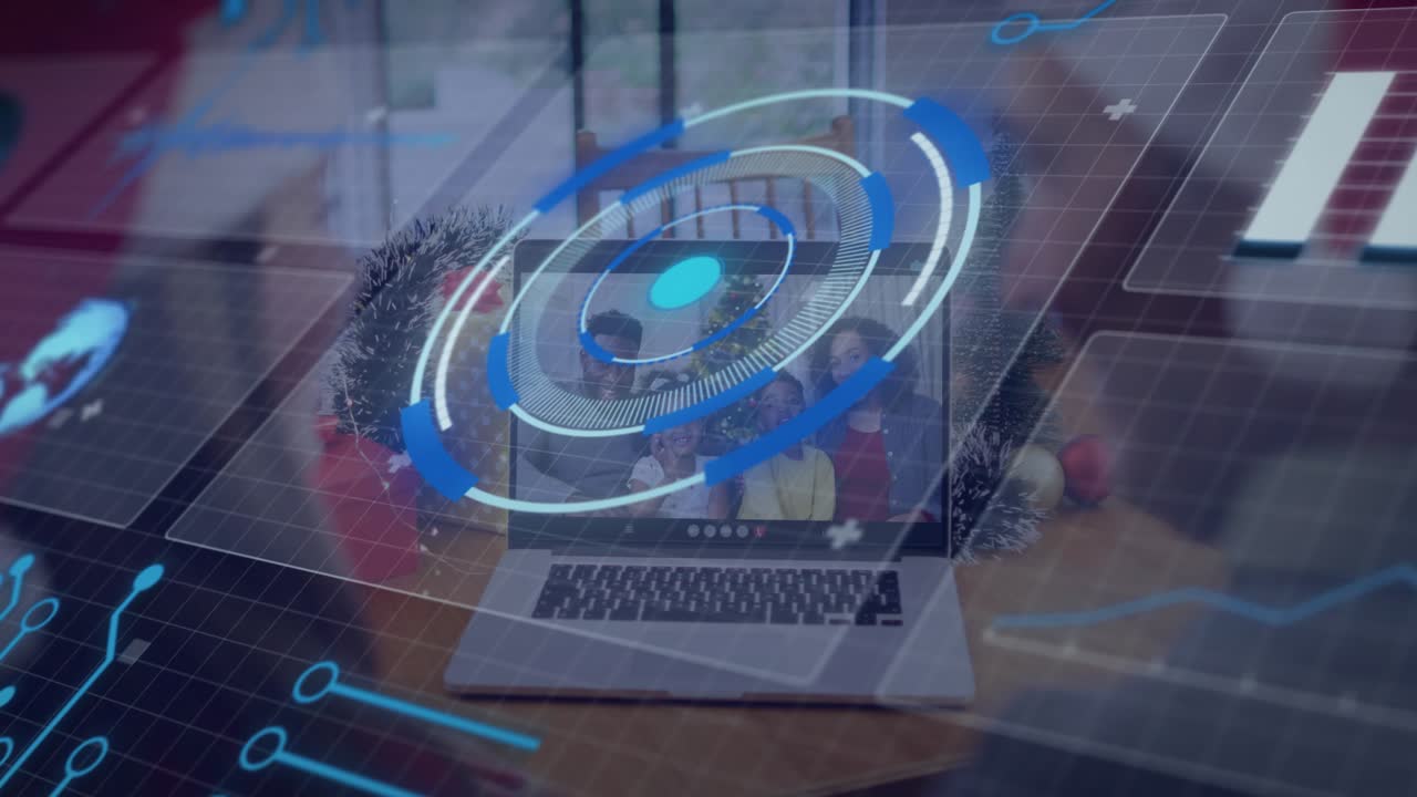 Una donna con gli occhiali che tocca il trackpad attivando anelli tecnologici che ruotano verso l'esterno per una chiamata festiva.