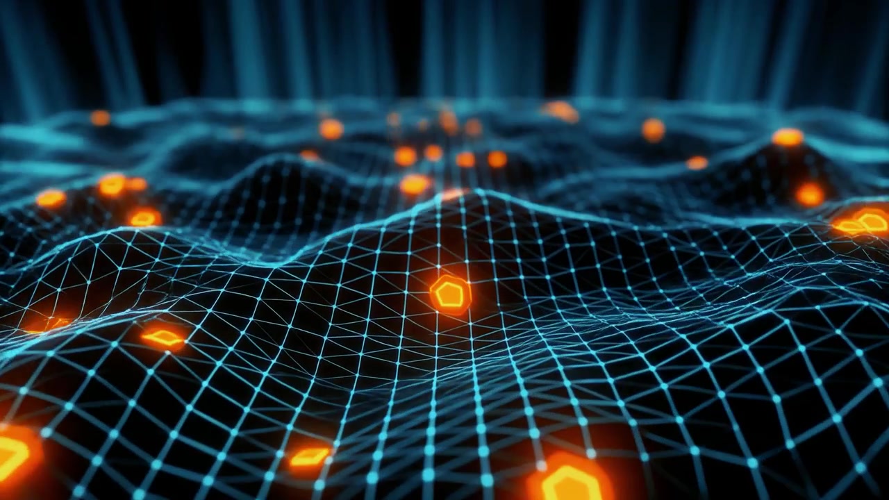 Abstract digitaal rasteroppervlak met gloeiende oranje zeshoeken