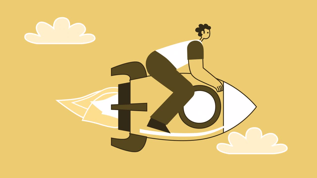 노란색 스타일의 평평한 캐릭터는 로켓에 앉아서 앞으로 날아갑니다. 알파와 함께 고립된 루프 애니메이션