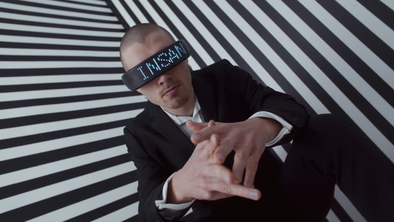 Man with VR Headset in Striped Background