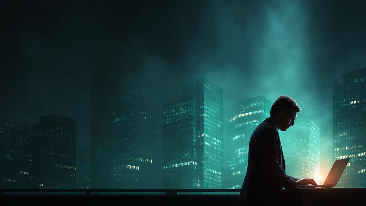 A lone figure works diligently on a laptop, silhouetted against a city skyline, capturing the essence of late-night productivity in a modern urban environment