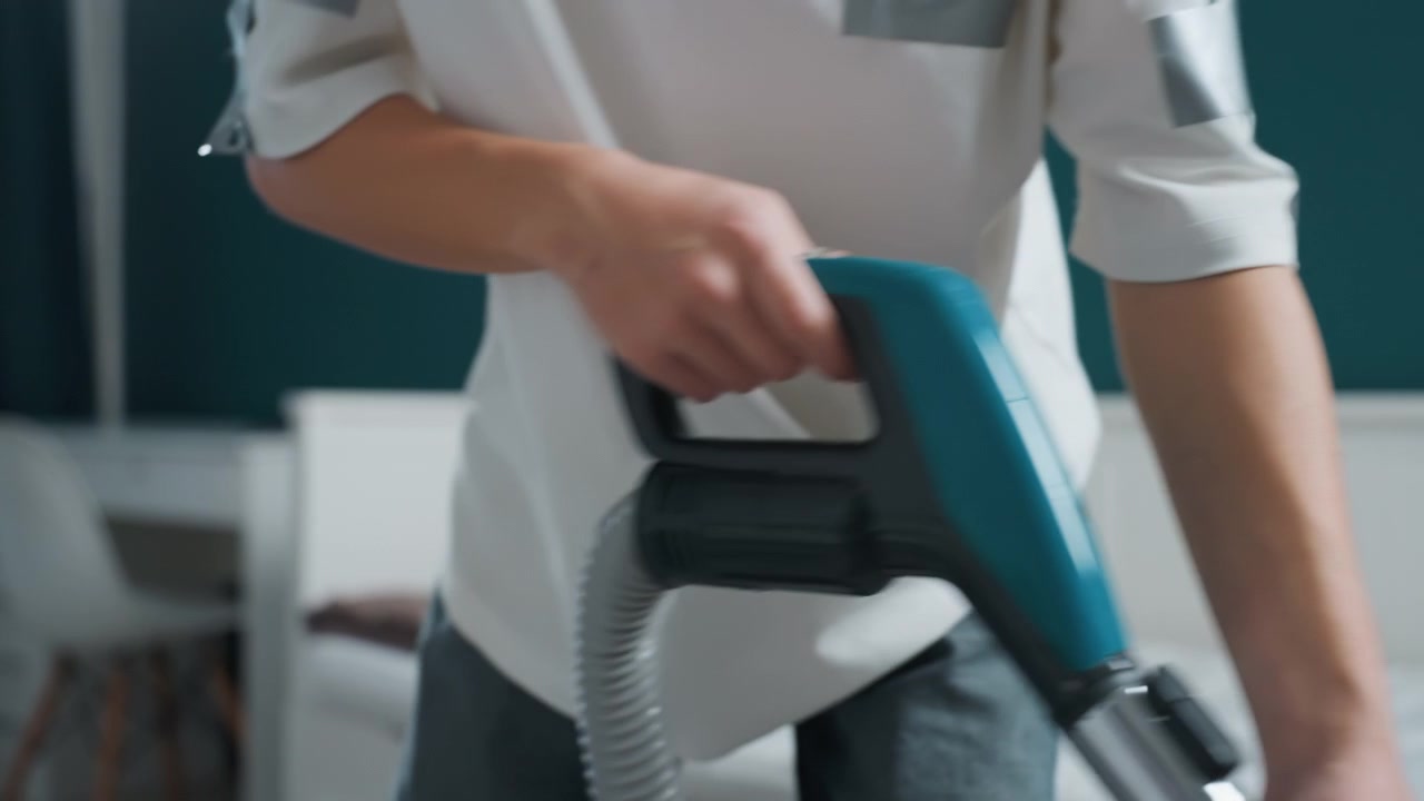 Closeup asian homeowner vacuuming mattress in bedroom, turquoise vacuum handle gripped with focused hands, targeting creases and dust on linen, minimalist decor, soft morning light, precise slow