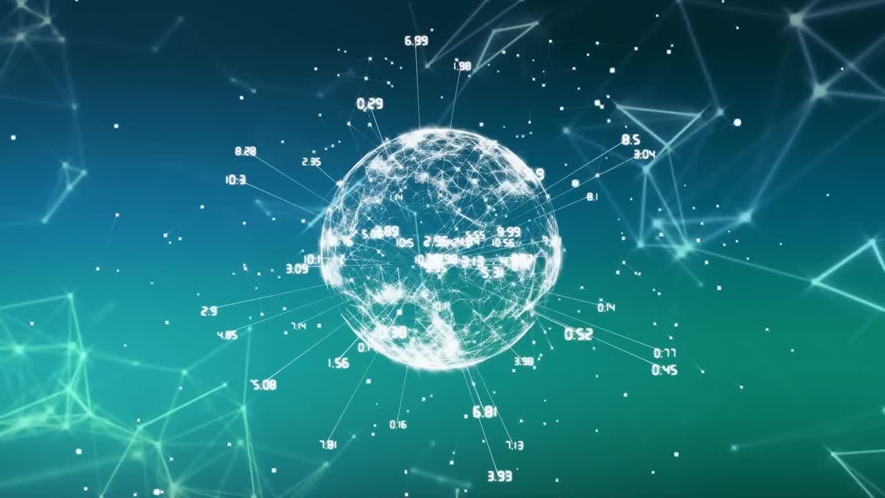 지구를 둘러싼 숫자와 연결된 점들이 그라디언트 배경 위에 모양을 형성하는 애니메이션