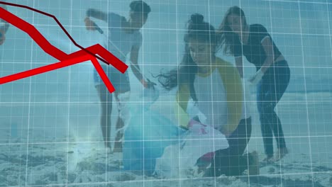 animación del procesamiento de datos sobre diversos voluntarios limpiando la playa.