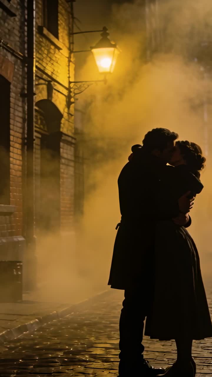 Vertical video: Man and woman stepping closer in stone alley, lamp-lit fog deepening kiss for film
