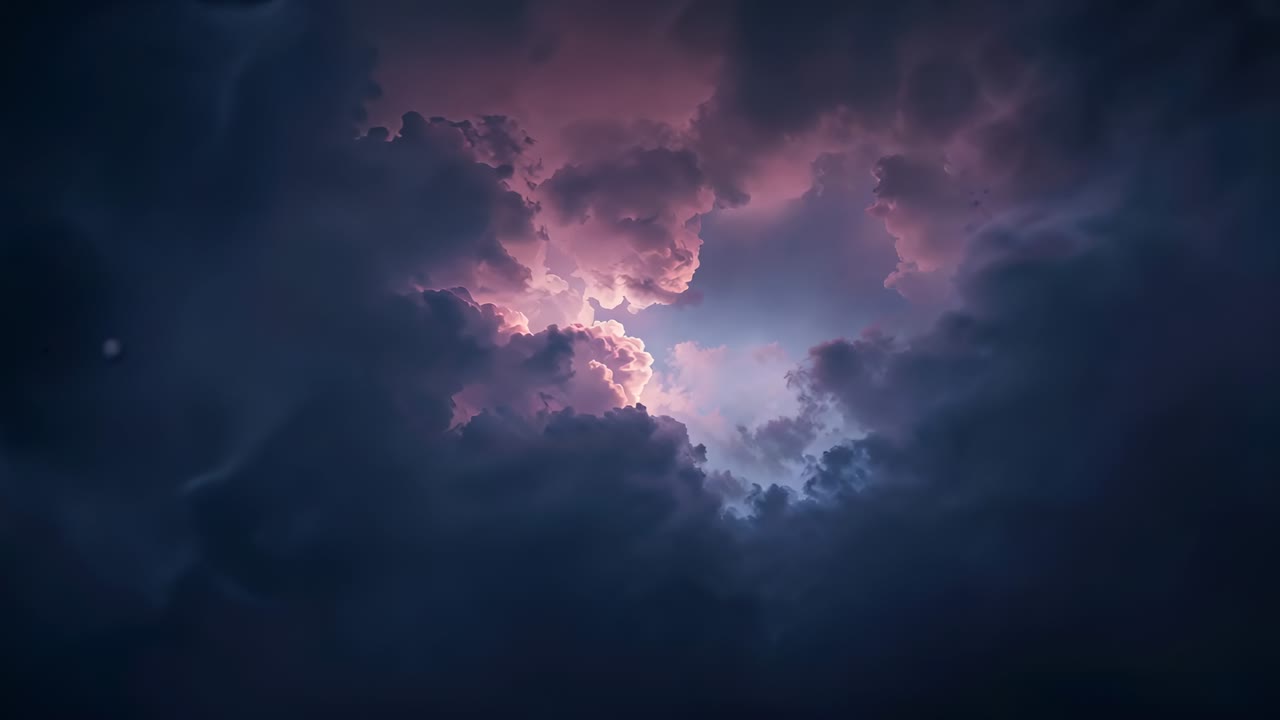 Sunlight piercing cloud bank, cumulus clouds widening central aperture in sky, backlighting turrets
