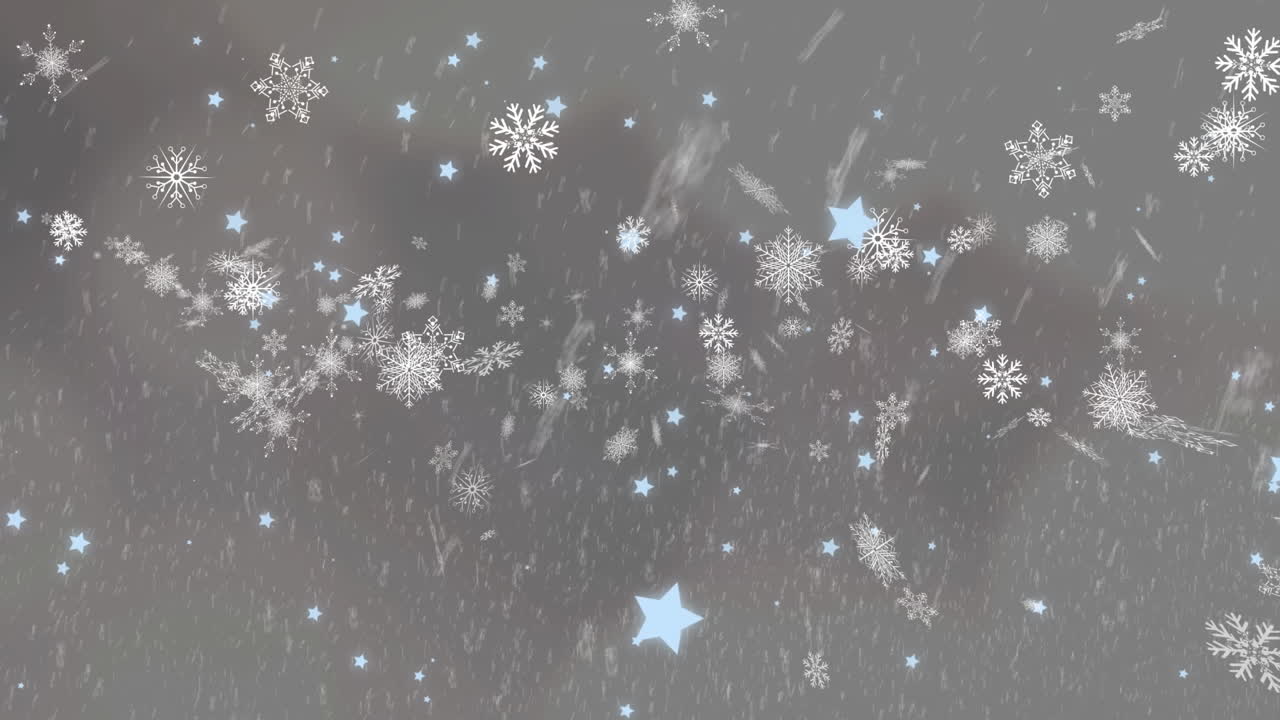 animación digital de nieve cayendo contra múltiples copos de nieve y iconos de estrellas en fondo gris